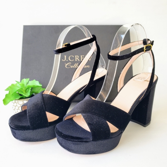 J. Crew Collection Criss-Cross Velvet Platform Heels Black 70s Retro Size 10 - Picture 4 of 6